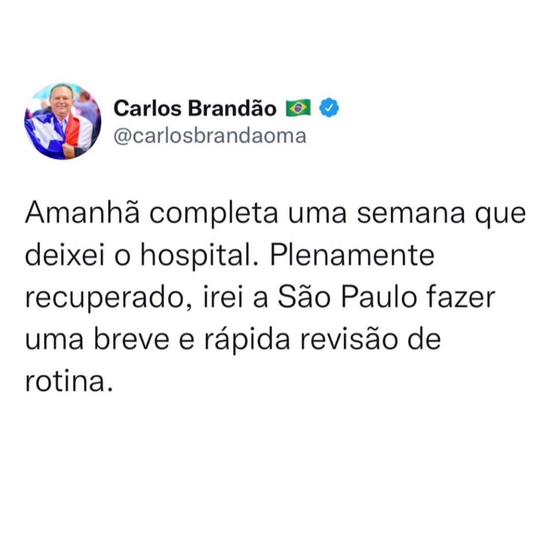 Brandão voltará a São Paulo para “revisão de rotina” pós cirurgia